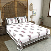 Rajasthani Blossom Elegance King Size Bedsheet - Jaipuri Traditional Black & White Floral Print with 2 Pillow Covers